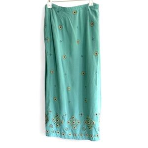 VINTAGE 90S RUSS BERENS Teal Embroidered Midi Skirt USA Made Artsy Boho | Size S